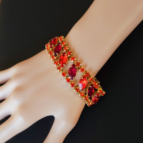 Vintage Orange & Red Rhinestone Flat Bracelet - Picture 5 of 9